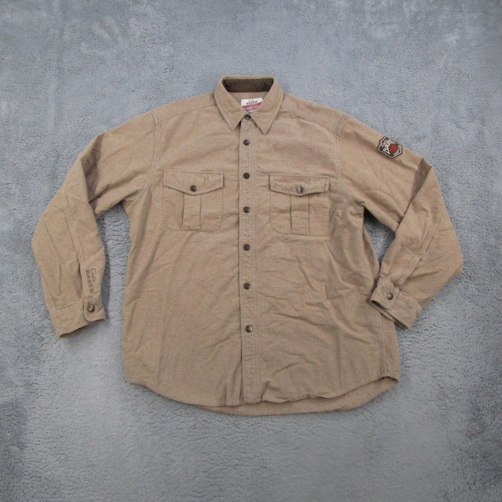 Eddie Bauer Sport Shop Mens Medium Tan Flannel Button Front Shirt Patch 90s Y2K